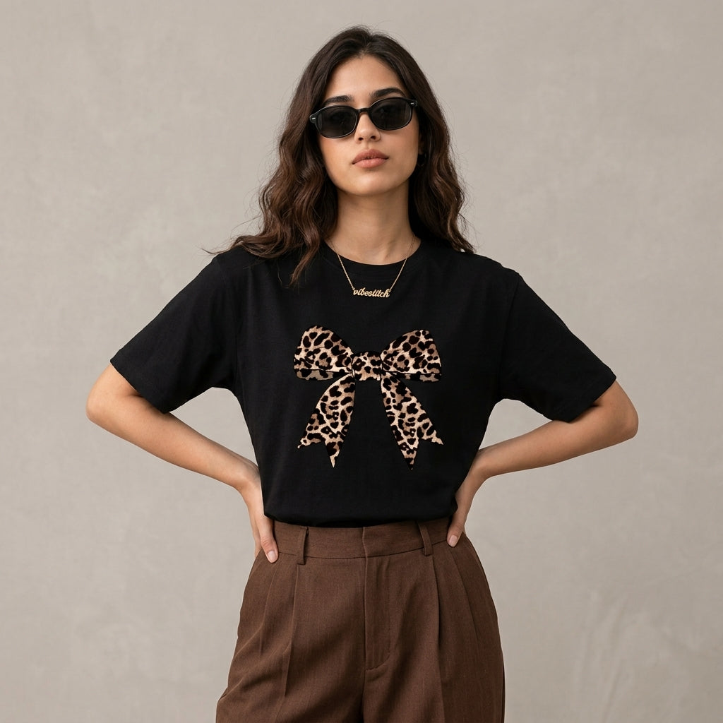 Leopard Bow Graphic Oversized Tee