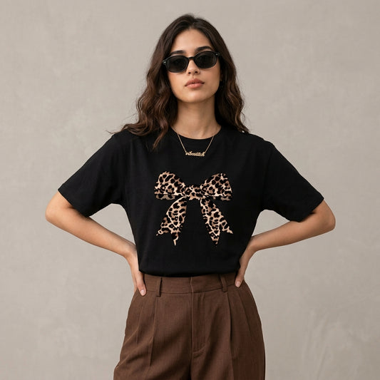 Leopard Bow Graphic Oversized Tee