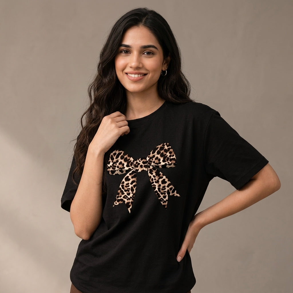 Leopard Bow Graphic Oversized Tee