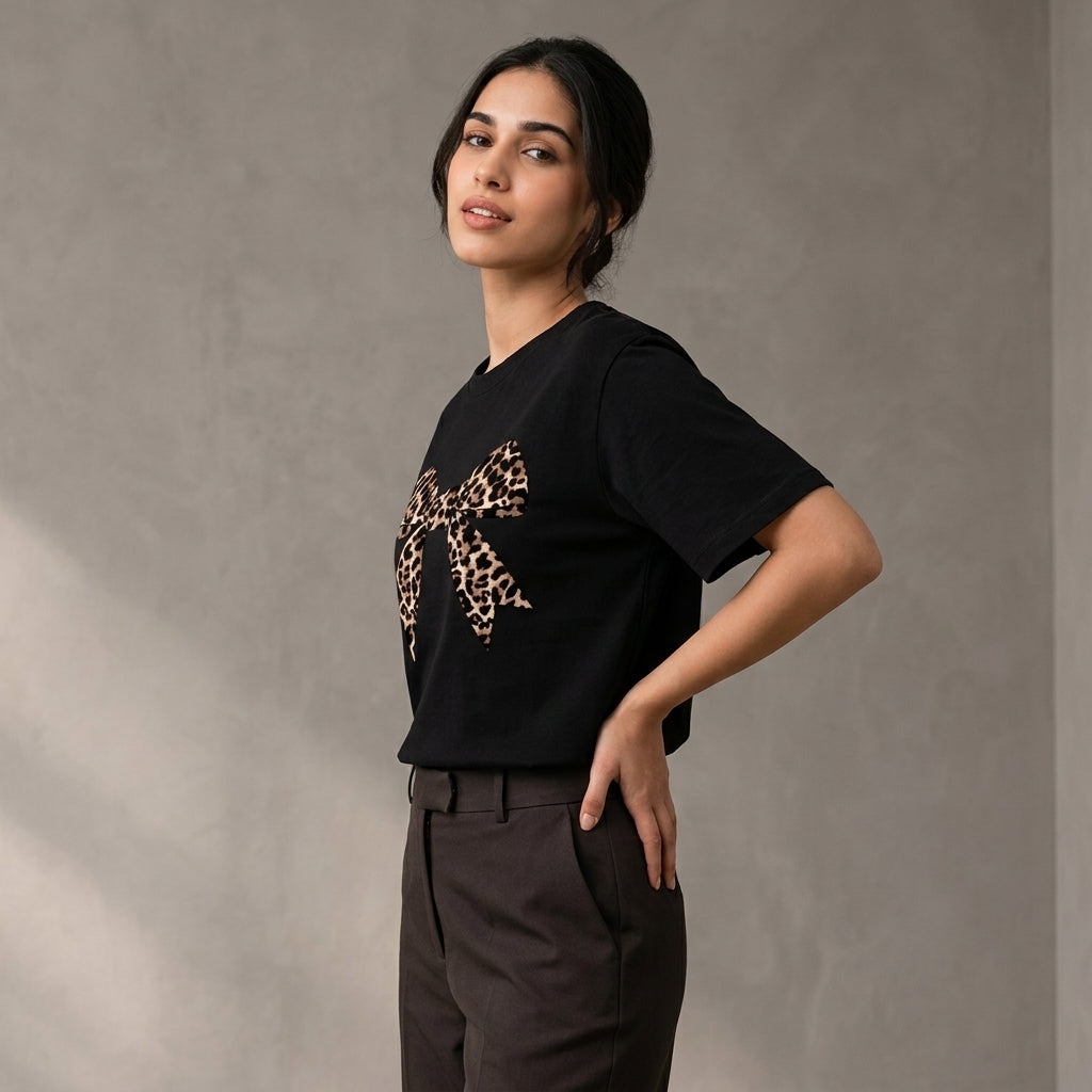 Leopard Bow Graphic Oversized Tee