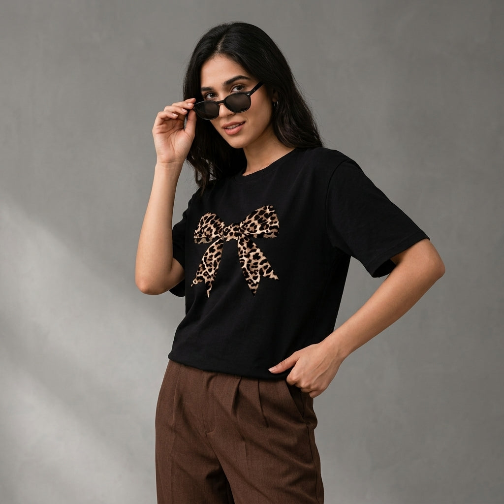 Leopard Bow Graphic Oversized Tee